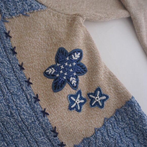 Alia Beige Blue Embroidered Floral Knit Zip Up Cardigan Sweater Large - Picture 11 of 14